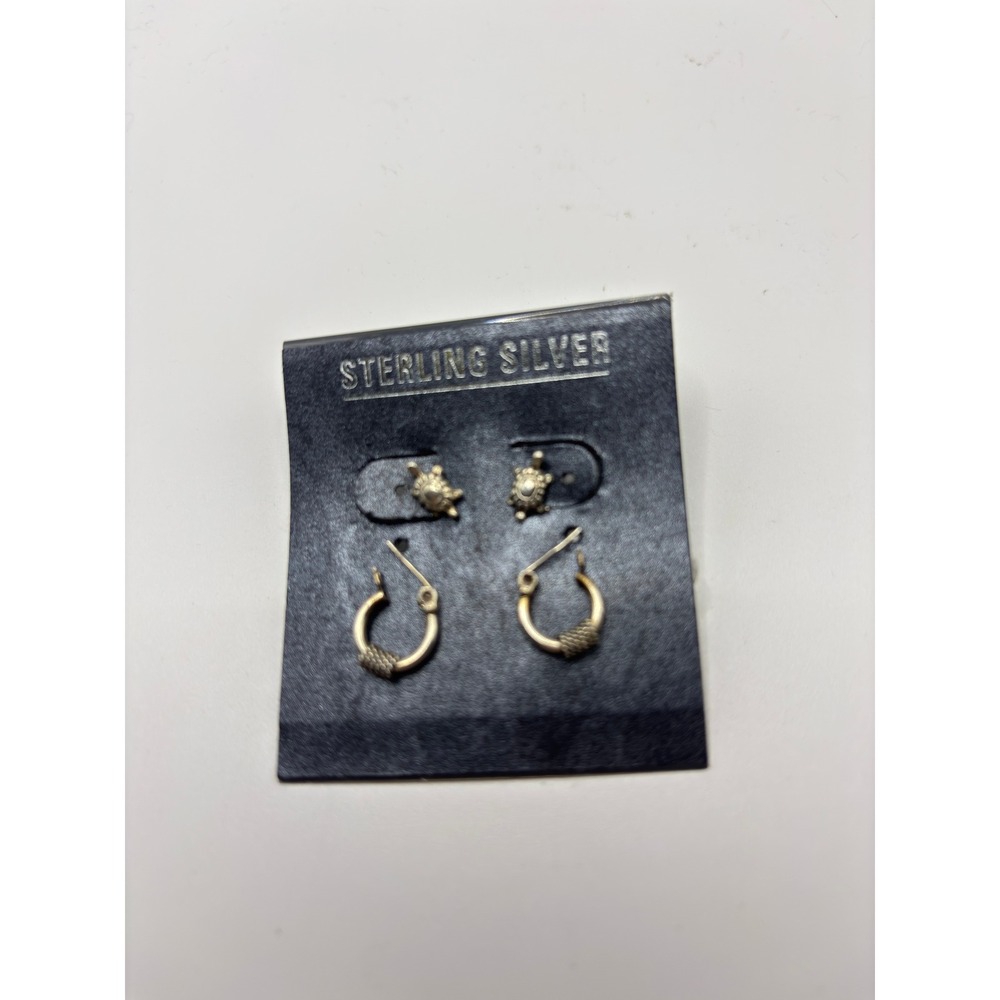 Unbranded Earring Set Womens OS Silver Sterling Turtle Studs & Textured Hoops